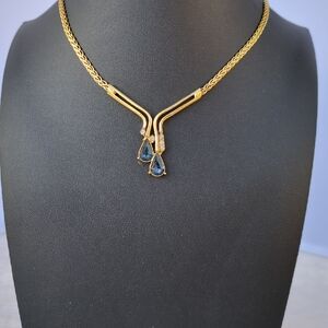 Vendome Gold Plated Necklace with Blue Teardrop & Clear Crysrals Accents